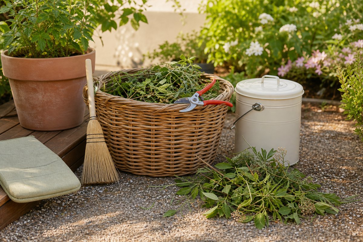 Gartenecke mit Gartensack, Schnittgut, Handbesen und Gartenschere