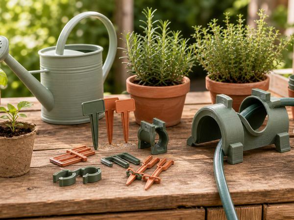 3D-gedruckte Pflanzschilder, Clips und kleine Gartenhelfer auf einem Pflanztisch