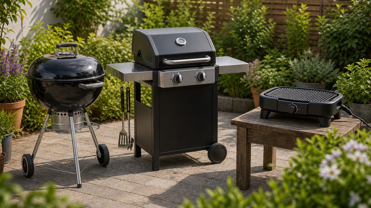 Drei einfache Grilltypen auf einer Gartenterrasse zum Vergleichen