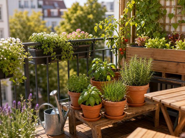 Balkon mit Kräutertöpfen, Pflanzkästen und kleiner Gießkanne