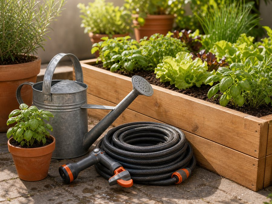 Gießkanne und Gartenschlauch neben Kräutern und Hochbeet