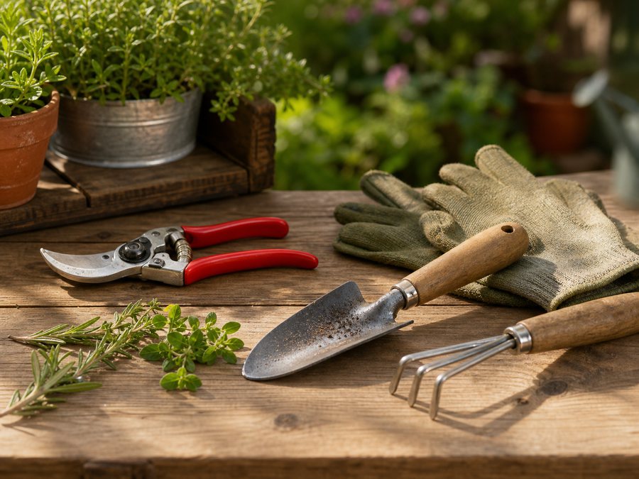 Gartenschere, Pflanzschaufel, Handschuhe und kleine Gartenwerkzeuge auf Holztisch