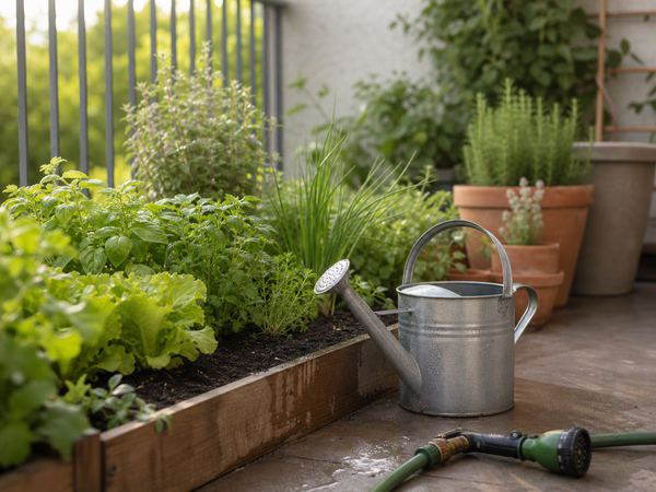 Gießkanne und Gartenschlauch neben Kräutern und Hochbeet