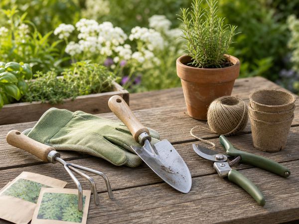 Gartenhandschuhe, Pflanzschaufel, Rechen und Gartenschere auf einem Holztisch
