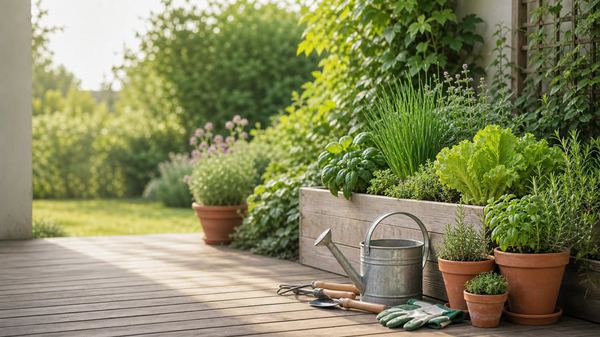 Kräuter, Hochbeet, Gießkanne und einfache Gartenwerkzeuge auf einer sonnigen Terrasse