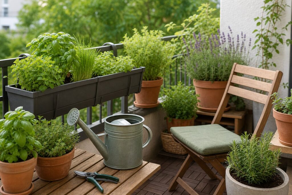 Balkon mit Kräutertöpfen, Pflanzkasten und kleiner Gießkanne
