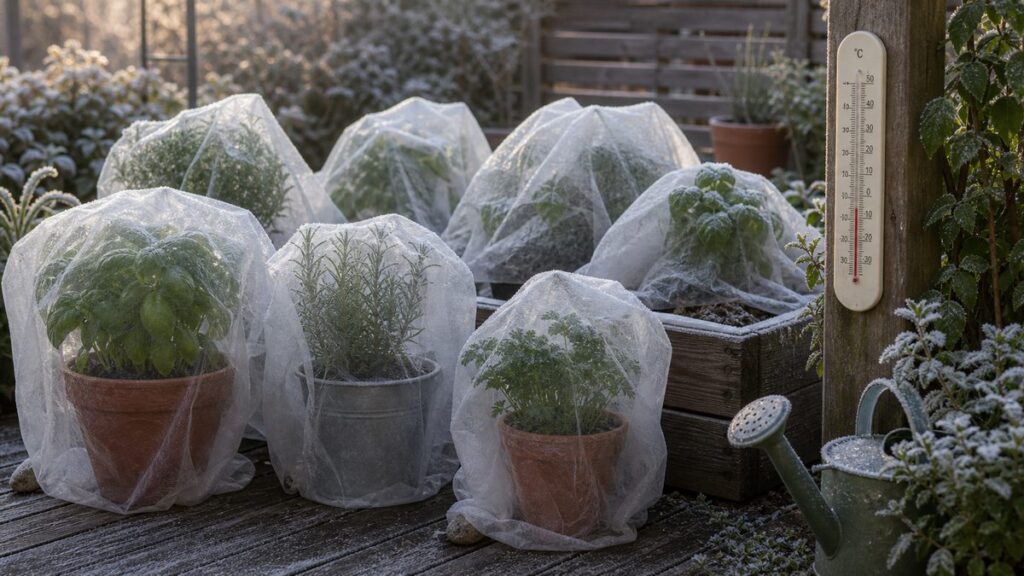 Junge Gartenpflanzen mit leichtem Vlies geschützt und Thermometer daneben