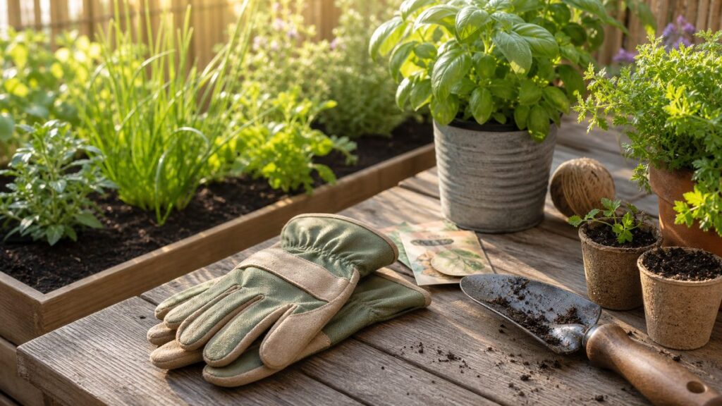 Gartenhandschuhe auf einem Gartentisch neben Erde, Kräutern und Pflanzwerkzeug