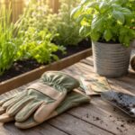Gartenhandschuhe auf einem Gartentisch neben Erde, Kräutern und Pflanzwerkzeug