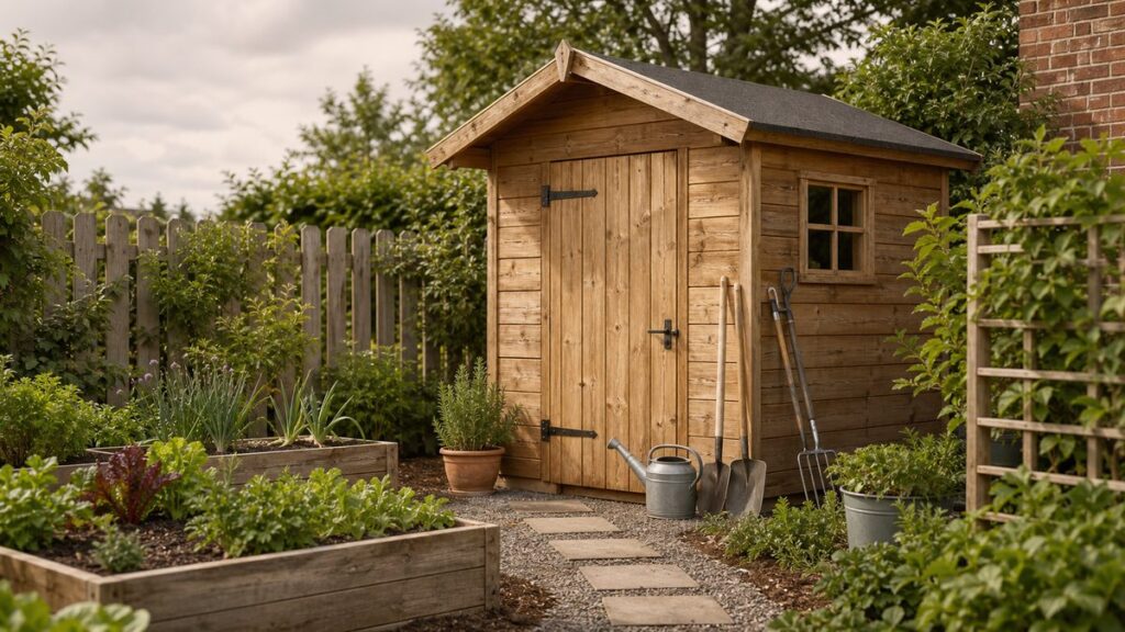 Kleines Holz-Gartenhaus mit Gartengeräten und Gießkanne im Garten