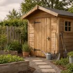 Kleines Holz-Gartenhaus mit Gartengeräten und Gießkanne im Garten