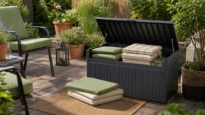 Gartenauflagen und Sitzkissen neben einer wetterfesten Aufbewahrungsbox