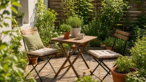 Kleine Gartenterrasse mit kompakten Gartenmöbeln, Tisch, Stühlen und Pflanzen