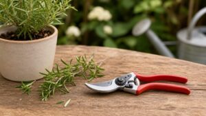 Bypass-Gartenschere auf Holztisch neben Kräutertopf