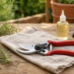 Gartenschere mit Tuch, Bürste und Pflegeöl auf einem Holztisch