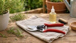 Gartenschere mit Tuch, Bürste und Pflegeöl auf einem Holztisch