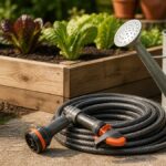 Gartenschlauch mit Brause neben Hochbeet und Gießkanne