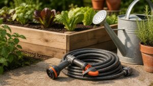 Gartenschlauch mit Brause neben Hochbeet und Gießkanne