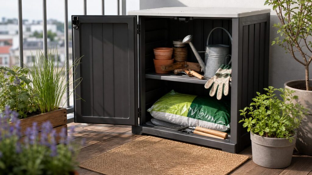 Kompakter Gartenschrank auf einer Terrasse mit Werkzeugen und Gießkanne