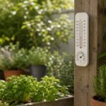 Gartenthermometer im Schatten an einem Holzpfosten zwischen Pflanzen