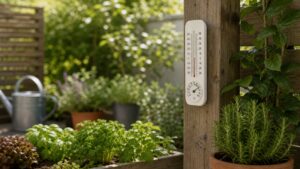 Gartenthermometer im Schatten an einem Holzpfosten zwischen Pflanzen