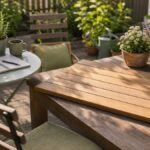 Gartentische und Stühle auf einer Terrasse mit Pflanzen und Maßband