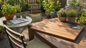 Gartentische und Stühle auf einer Terrasse mit Pflanzen und Maßband