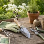 Gartenhandschuhe, Pflanzschaufel, Rechen und Gartenschere auf einem Holztisch