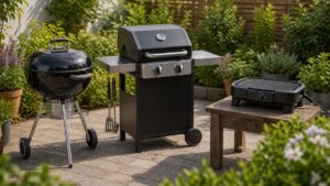Drei einfache Grilltypen auf einer Gartenterrasse zum Vergleichen