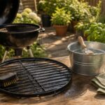 Grillrost mit Bürste, Tuch und Wassereimer auf einer Gartenterrasse