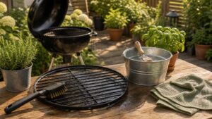 Grillrost mit Bürste, Tuch und Wassereimer auf einer Gartenterrasse