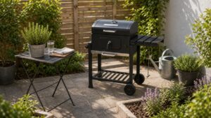 Sicherer Grillplatz auf einer Steinfläche mit Abstand zu Pflanzen und Zaun