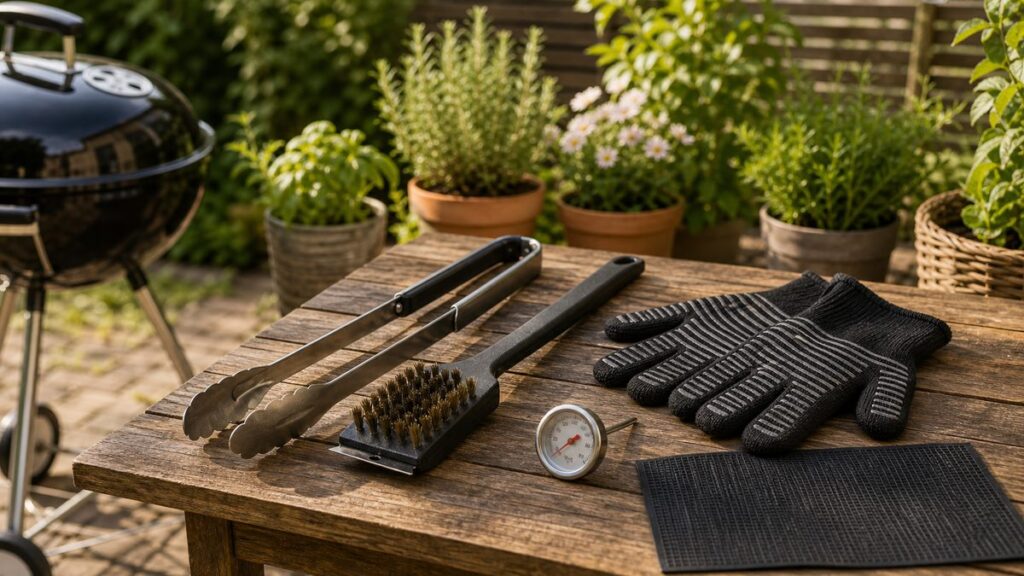 Grillzange, Bürste, Handschuhe und Thermometer auf einem Gartentisch