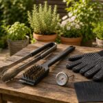 Grillzange, Bürste, Handschuhe und Thermometer auf einem Gartentisch