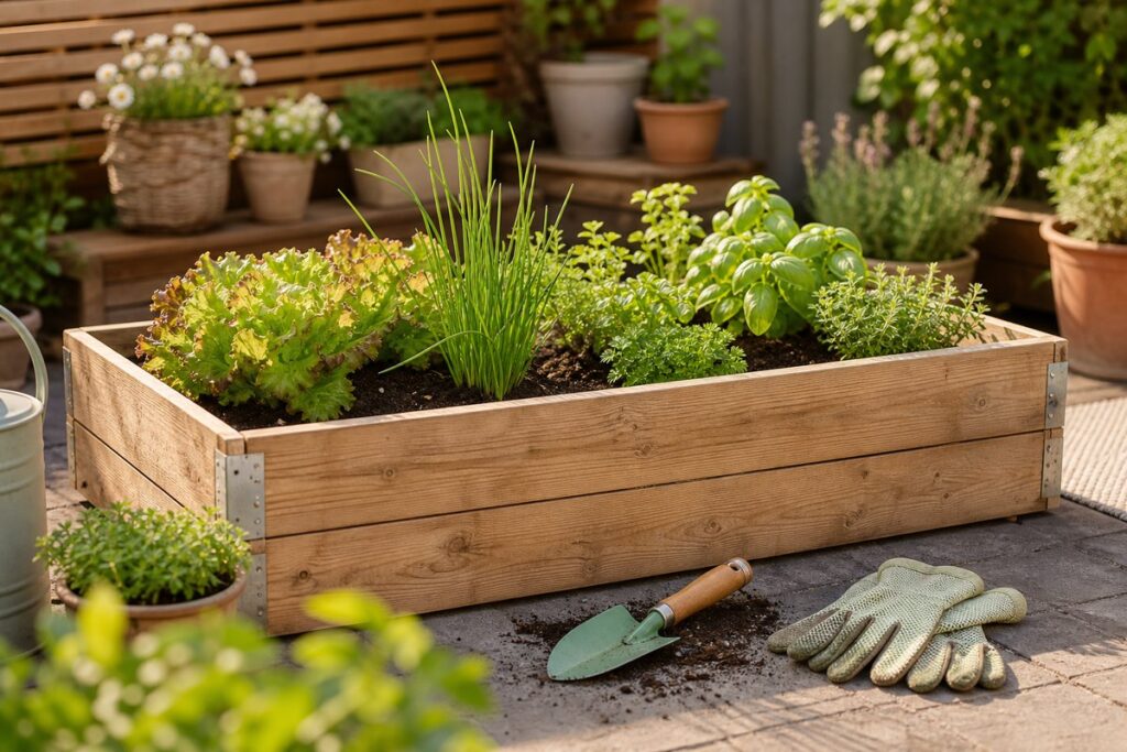 Kleines Hochbeet mit jungen Pflanzen, Erde und Gartengeräten auf einer Terrasse