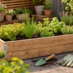 Kleines Hochbeet mit jungen Pflanzen, Erde und Gartengeräten auf einer Terrasse