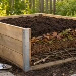 Hochbeet mit sichtbaren Schichten aus Ästen, Laub, Kompost und Erde