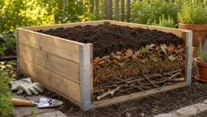 Hochbeet mit sichtbaren Schichten aus Ästen, Laub, Kompost und Erde