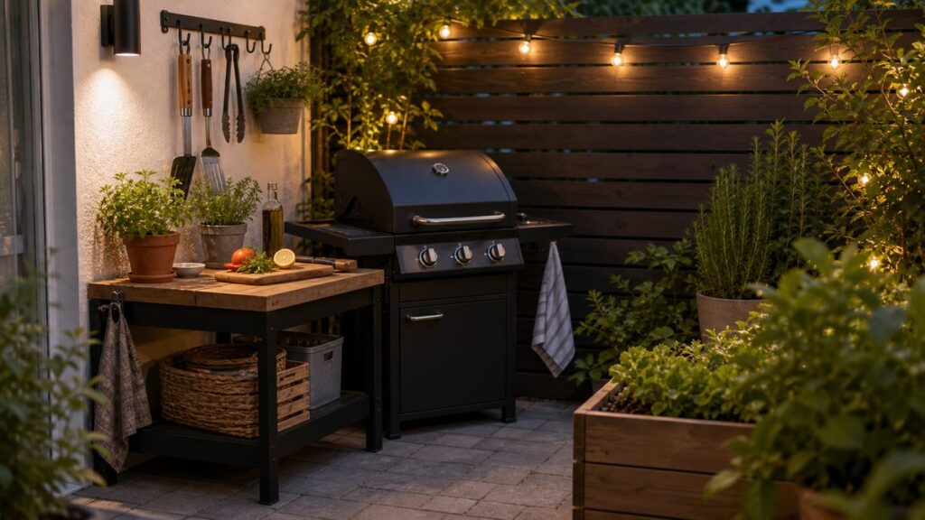 Kleine Outdoor-Grillküche mit Ablage, Haken und Kräutertöpfen