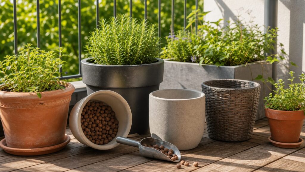 Verschiedene Pflanzkübel auf einer Terrasse mit Drainage und Pflanzschaufel