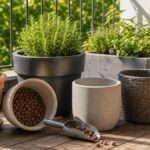 Verschiedene Pflanzkübel auf einer Terrasse mit Drainage und Pflanzschaufel