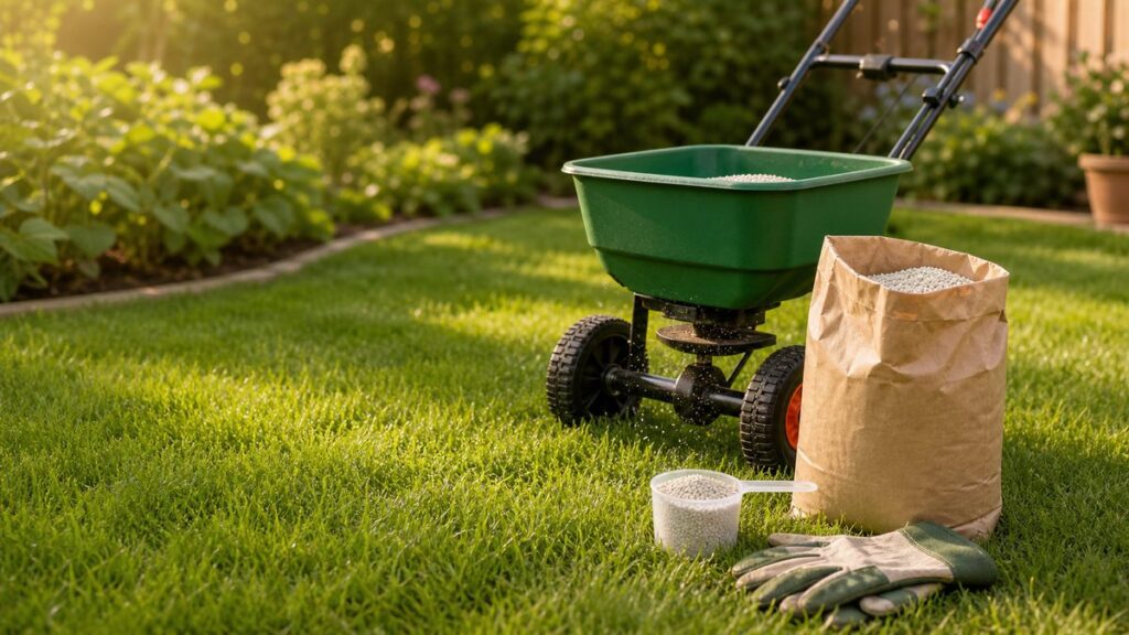 Kleiner Rasen mit Handstreuer, Dünger und Gartenhandschuhen