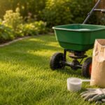 Kleiner Rasen mit Handstreuer, Dünger und Gartenhandschuhen