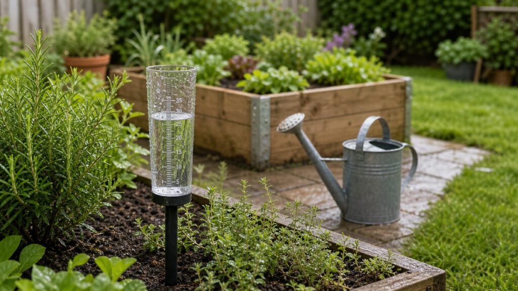 Regenmesser frei in einem Gartenbeet mit Rasen und Hochbeet im Hintergrund