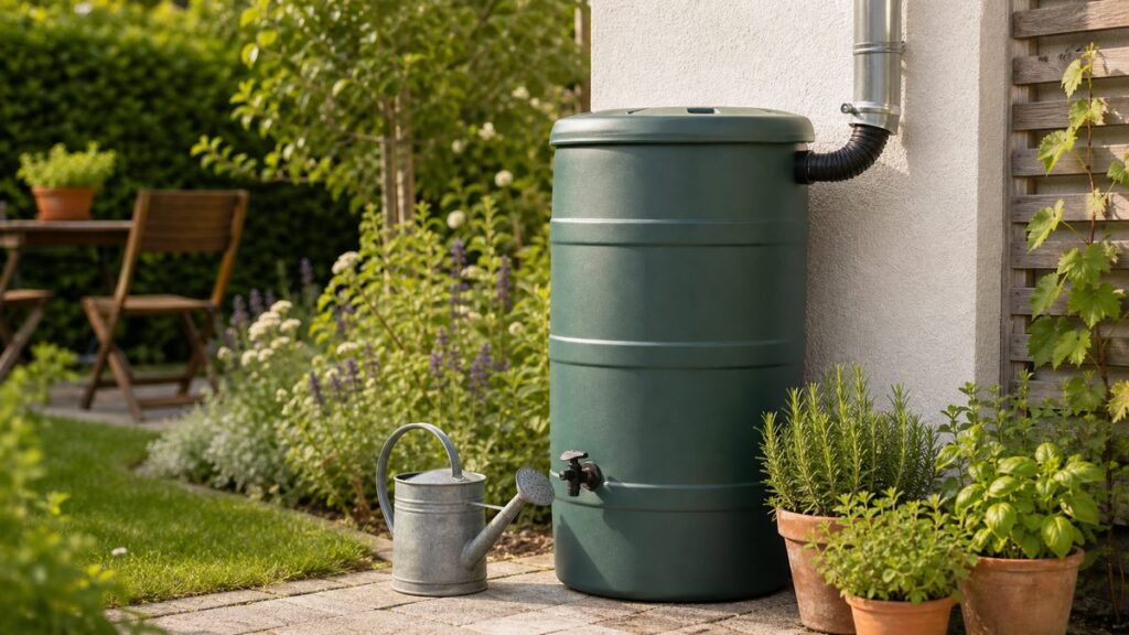 Kompakte Regentonne mit Gießkanne in einer kleinen Gartenecke
