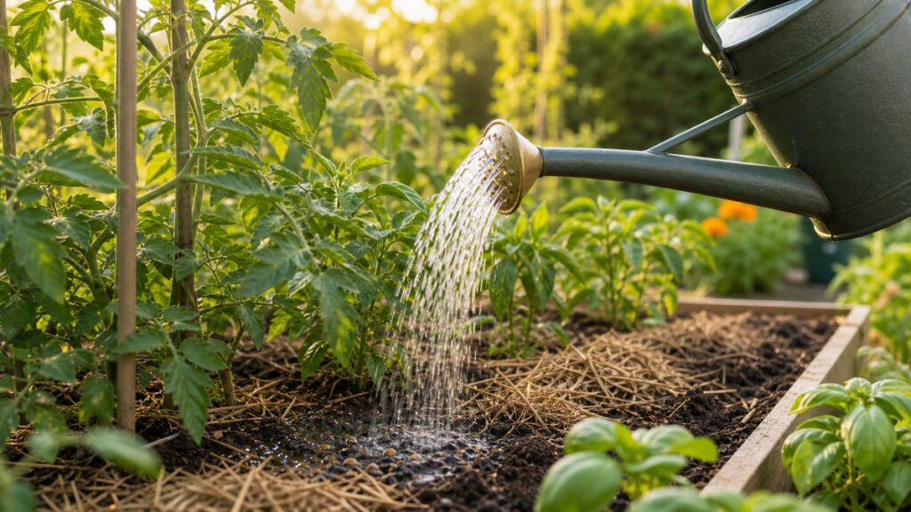 Gießkanne bewässert Pflanzen im Sommergarten direkt an der Erde