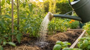 Gießkanne bewässert Pflanzen im Sommergarten direkt an der Erde