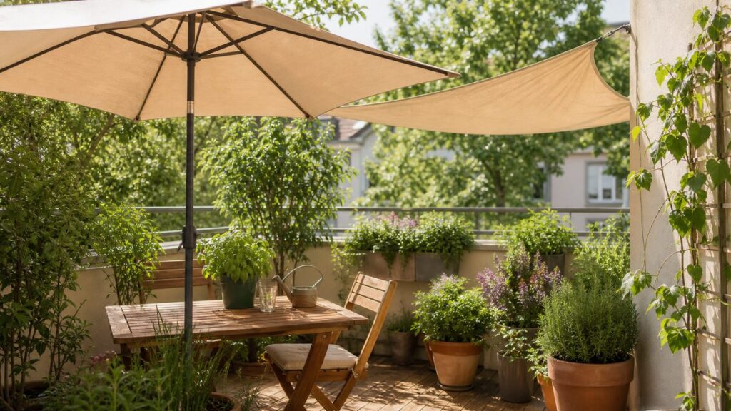 Kleine Terrasse mit Sonnenschirm, Sonnensegel und bepflanzten Töpfen