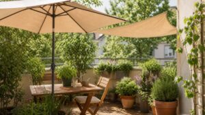 Kleine Terrasse mit Sonnenschirm, Sonnensegel und bepflanzten Töpfen