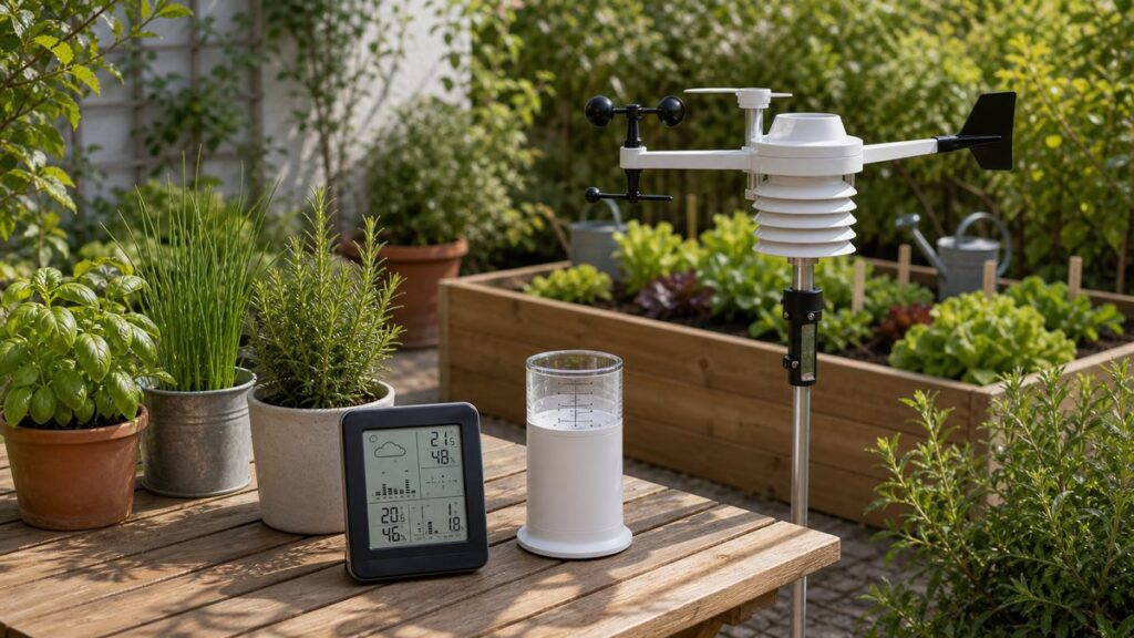 Einfache Wetterstation mit Außensensor und Regenmesser auf einer Gartenterrasse